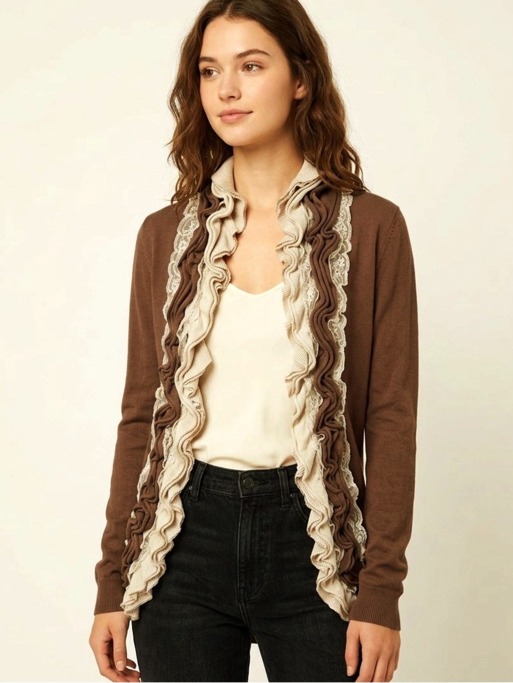 Romeo & Juliet Couture Open Front Cardigan Ruffle Front Size M